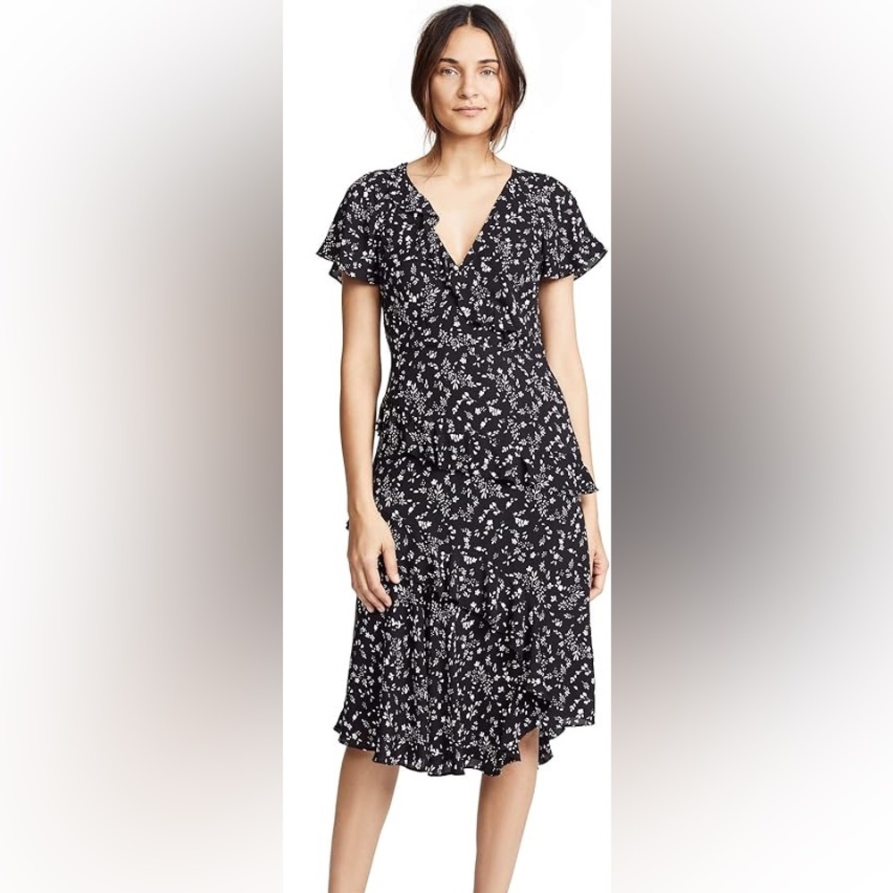 Joie Orita Ruffle Midi Dress in Caviar Black Floral Sz 2